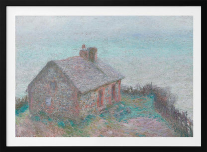 An impressionist painting of a stone cottage on a grassy hill against a pale, hazy sky. The artwork is characterized by its textured, pointillist brushwork and a soft, muted color palette of greys, pale blues, pinks, and greens, creating a serene and atmospheric scene. The painting is displayed in a modern silver frame. Decor