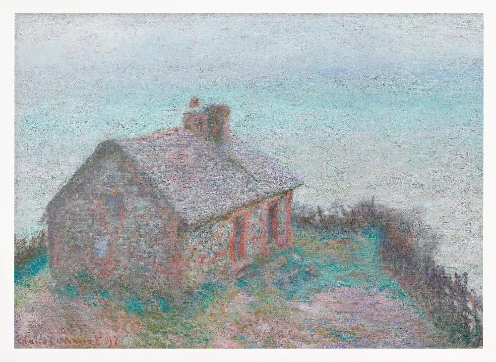 An impressionist painting of a stone cottage on a grassy hill against a pale, hazy sky. The artwork is characterized by its textured, pointillist brushwork and a soft, muted color palette of greys, pale blues, pinks, and greens, creating a serene and atmospheric scene. The painting is displayed in a modern silver frame. Decor