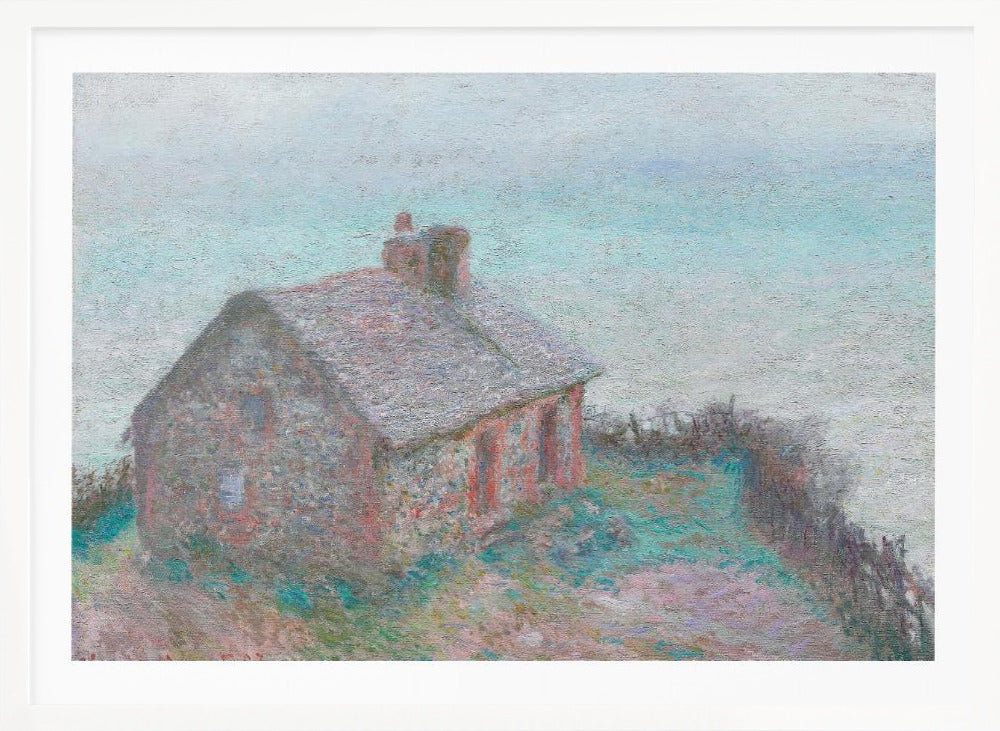 An impressionist painting of a stone cottage on a grassy hill against a pale, hazy sky. The artwork is characterized by its textured, pointillist brushwork and a soft, muted color palette of greys, pale blues, pinks, and greens, creating a serene and atmospheric scene. The painting is displayed in a modern silver frame. Decor