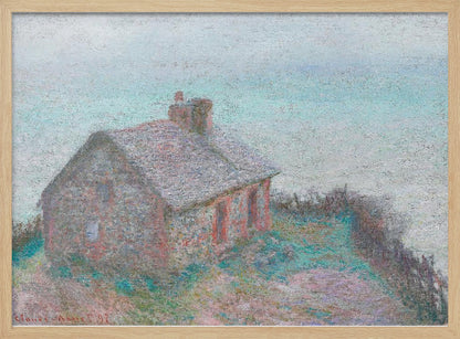 An impressionist painting of a stone cottage on a grassy hill against a pale, hazy sky. The artwork is characterized by its textured, pointillist brushwork and a soft, muted color palette of greys, pale blues, pinks, and greens, creating a serene and atmospheric scene. The painting is displayed in a modern silver frame. Decor