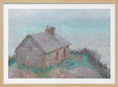 An impressionist painting of a stone cottage on a grassy hill against a pale, hazy sky. The artwork is characterized by its textured, pointillist brushwork and a soft, muted color palette of greys, pale blues, pinks, and greens, creating a serene and atmospheric scene. The painting is displayed in a modern silver frame. Decor