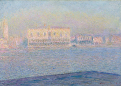 An impressionist painting by Claude Monet of the Doge's Palace in Venice, viewed across the water. The scene is depicted in a hazy, dreamlike atmosphere with a pastel color palette of blues, yellows, and purples, framed in a simple silver frame. Print