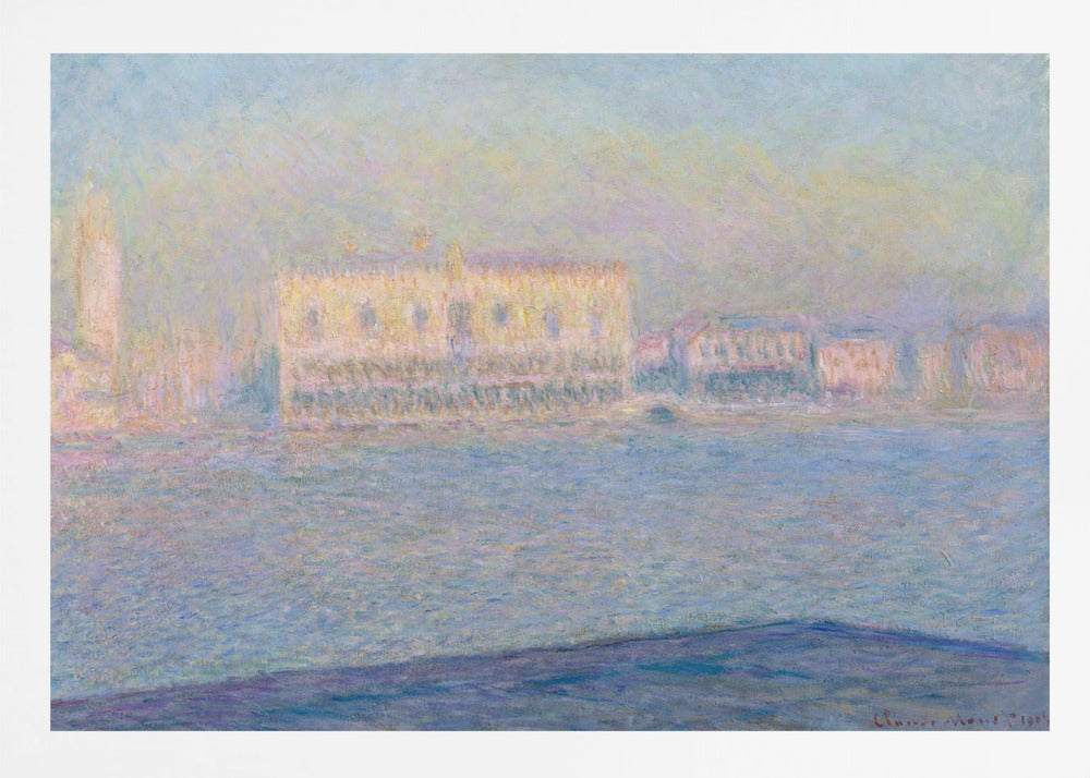 An impressionist painting by Claude Monet of the Doge's Palace in Venice, viewed across the water. The scene is depicted in a hazy, dreamlike atmosphere with a pastel color palette of blues, yellows, and purples, framed in a simple silver frame. Print