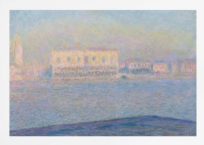 An impressionist painting by Claude Monet of the Doge's Palace in Venice, viewed across the water. The scene is depicted in a hazy, dreamlike atmosphere with a pastel color palette of blues, yellows, and purples, framed in a simple silver frame. Print