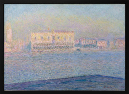 An impressionist painting by Claude Monet of the Doge's Palace in Venice, viewed across the water. The scene is depicted in a hazy, dreamlike atmosphere with a pastel color palette of blues, yellows, and purples, framed in a simple silver frame. Print