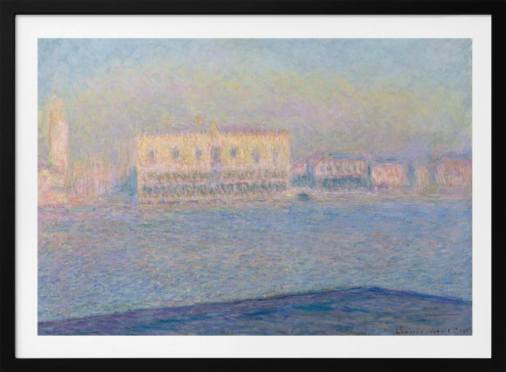 An impressionist painting by Claude Monet of the Doge's Palace in Venice, viewed across the water. The scene is depicted in a hazy, dreamlike atmosphere with a pastel color palette of blues, yellows, and purples, framed in a simple silver frame. Print