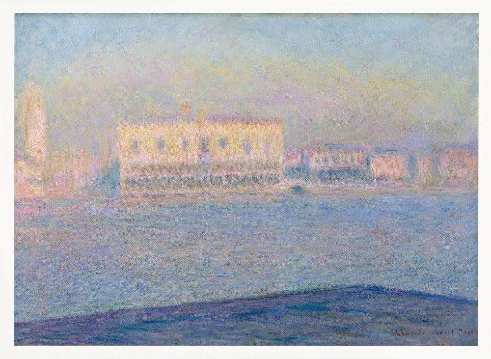 An impressionist painting by Claude Monet of the Doge's Palace in Venice, viewed across the water. The scene is depicted in a hazy, dreamlike atmosphere with a pastel color palette of blues, yellows, and purples, framed in a simple silver frame. Print