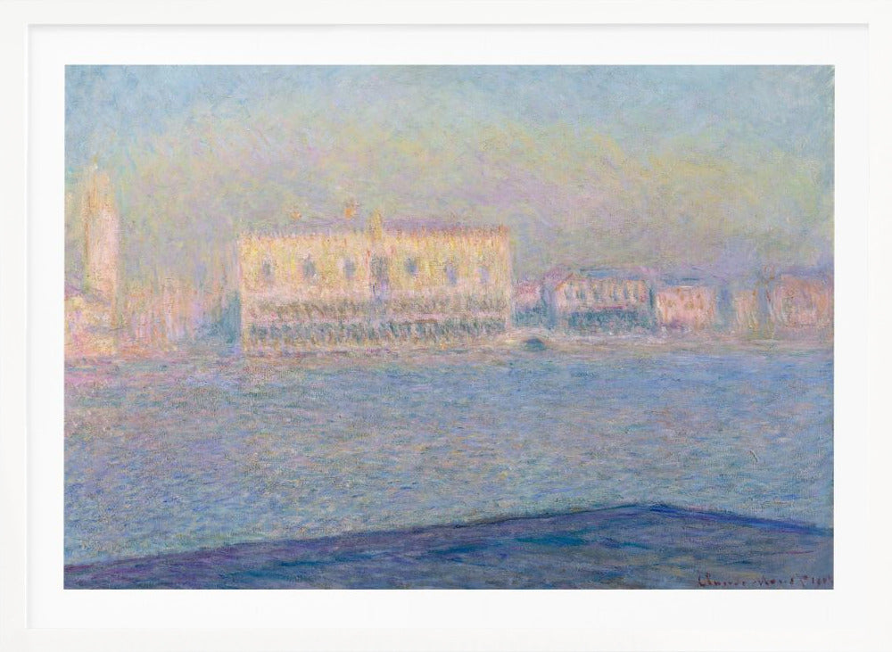 An impressionist painting by Claude Monet of the Doge's Palace in Venice, viewed across the water. The scene is depicted in a hazy, dreamlike atmosphere with a pastel color palette of blues, yellows, and purples, framed in a simple silver frame. Print