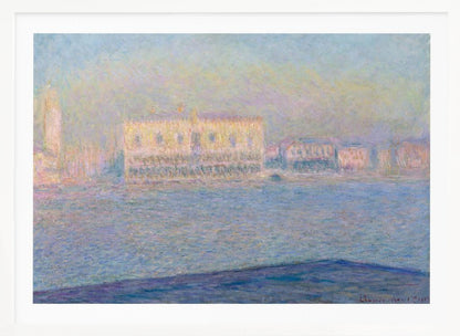 An impressionist painting by Claude Monet of the Doge's Palace in Venice, viewed across the water. The scene is depicted in a hazy, dreamlike atmosphere with a pastel color palette of blues, yellows, and purples, framed in a simple silver frame. Print