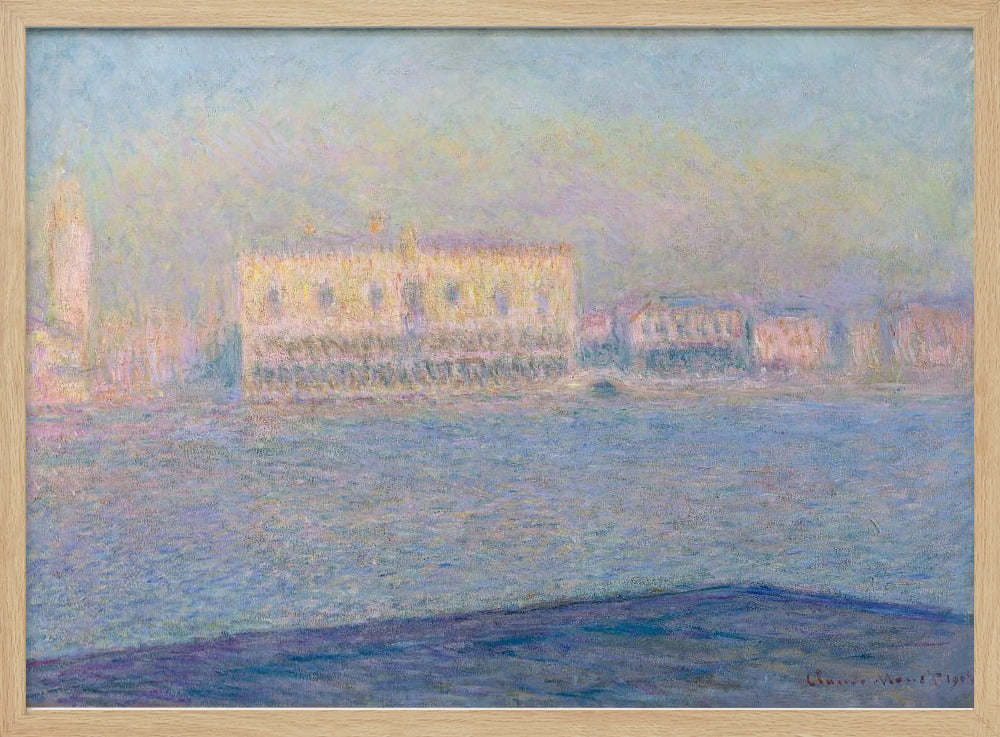An impressionist painting by Claude Monet of the Doge's Palace in Venice, viewed across the water. The scene is depicted in a hazy, dreamlike atmosphere with a pastel color palette of blues, yellows, and purples, framed in a simple silver frame. Print