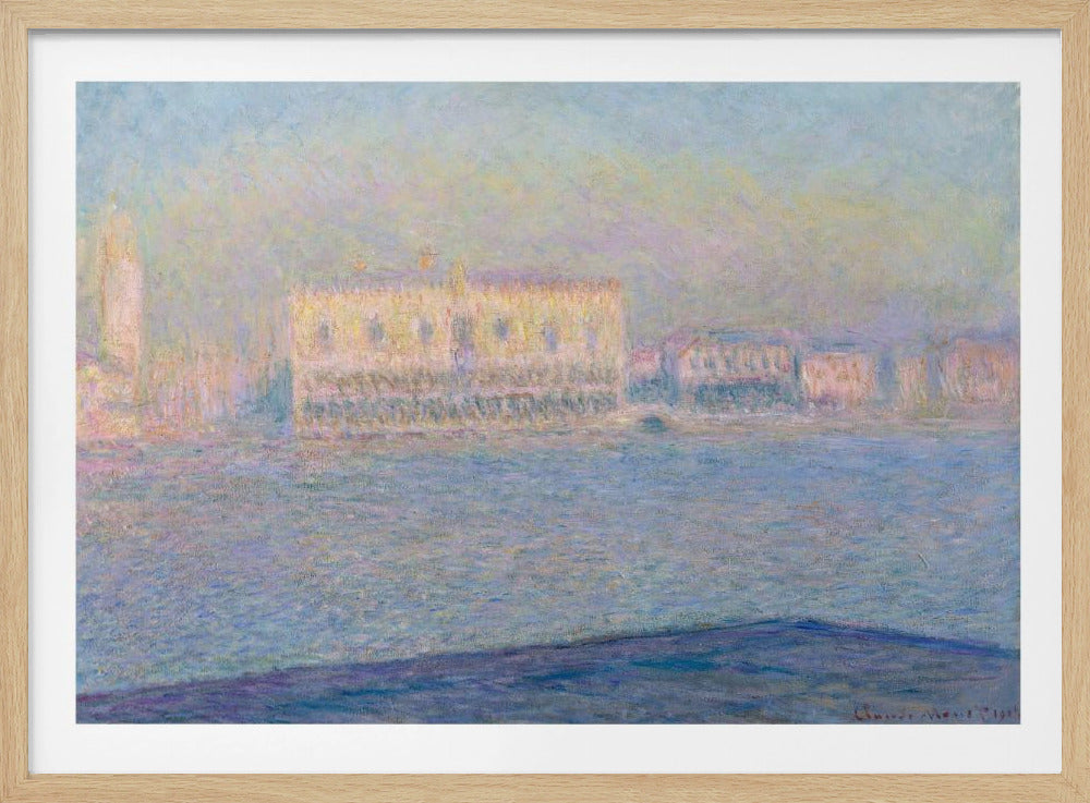 An impressionist painting by Claude Monet of the Doge's Palace in Venice, viewed across the water. The scene is depicted in a hazy, dreamlike atmosphere with a pastel color palette of blues, yellows, and purples, framed in a simple silver frame. Print