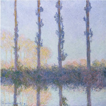 An Impressionist painting by Claude Monet from his 'Poplars' series, featuring a row of four tall, slender trees and their reflections in the water. The artwork uses a soft color palette of blues, purples, and pale yellows to create a hazy, serene atmosphere, and is presented in a light wood frame. Decor