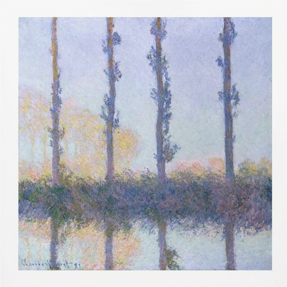 An Impressionist painting by Claude Monet from his 'Poplars' series, featuring a row of four tall, slender trees and their reflections in the water. The artwork uses a soft color palette of blues, purples, and pale yellows to create a hazy, serene atmosphere, and is presented in a light wood frame. Decor