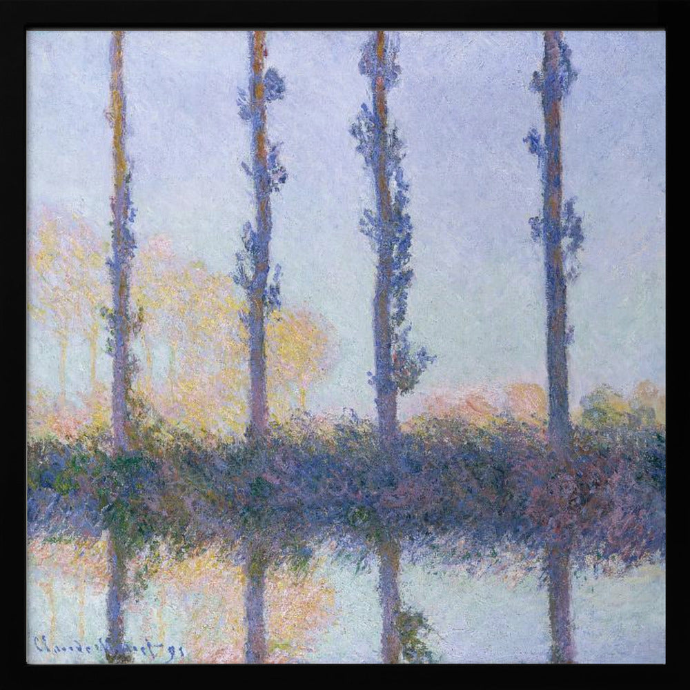 An Impressionist painting by Claude Monet from his 'Poplars' series, featuring a row of four tall, slender trees and their reflections in the water. The artwork uses a soft color palette of blues, purples, and pale yellows to create a hazy, serene atmosphere, and is presented in a light wood frame. Decor