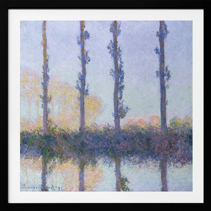 An Impressionist painting by Claude Monet from his 'Poplars' series, featuring a row of four tall, slender trees and their reflections in the water. The artwork uses a soft color palette of blues, purples, and pale yellows to create a hazy, serene atmosphere, and is presented in a light wood frame. Decor