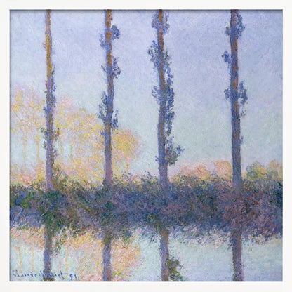 An Impressionist painting by Claude Monet from his 'Poplars' series, featuring a row of four tall, slender trees and their reflections in the water. The artwork uses a soft color palette of blues, purples, and pale yellows to create a hazy, serene atmosphere, and is presented in a light wood frame. Decor