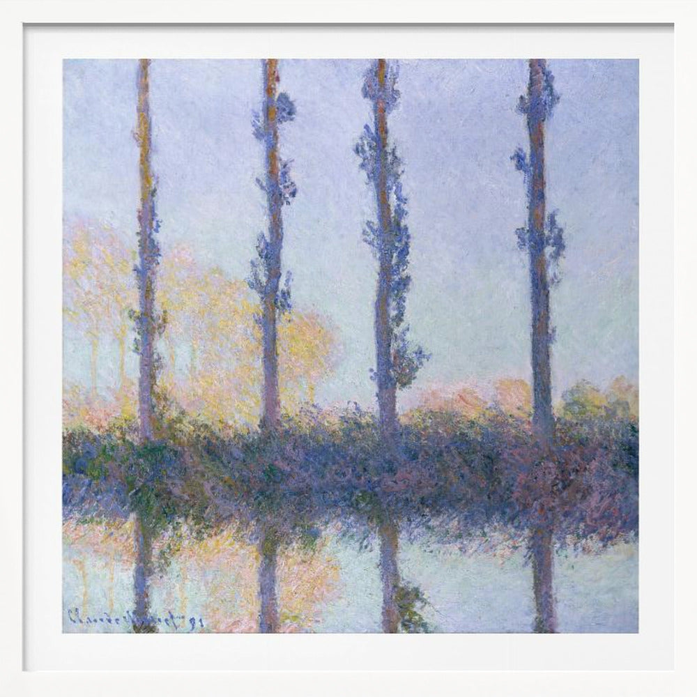An Impressionist painting by Claude Monet from his 'Poplars' series, featuring a row of four tall, slender trees and their reflections in the water. The artwork uses a soft color palette of blues, purples, and pale yellows to create a hazy, serene atmosphere, and is presented in a light wood frame. Decor