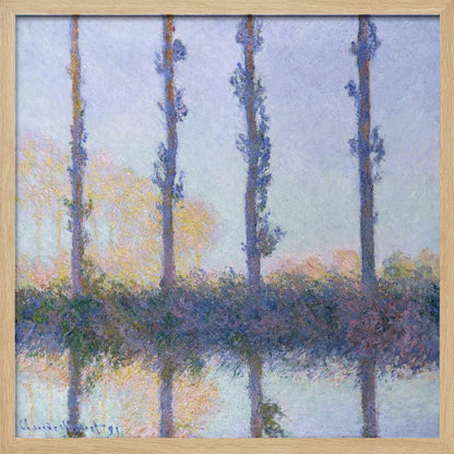 An Impressionist painting by Claude Monet from his 'Poplars' series, featuring a row of four tall, slender trees and their reflections in the water. The artwork uses a soft color palette of blues, purples, and pale yellows to create a hazy, serene atmosphere, and is presented in a light wood frame. Decor