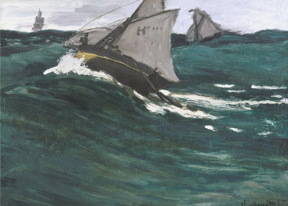 An impressionist painting depicting sailboats navigating a rough, dark green sea under a cloudy sky. The central boat is shown cutting through a large wave, creating white spray, giving the scene a dynamic and dramatic feel. The artwork is housed in a silver frame. Poster