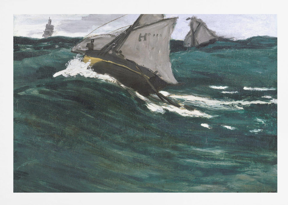 An impressionist painting depicting sailboats navigating a rough, dark green sea under a cloudy sky. The central boat is shown cutting through a large wave, creating white spray, giving the scene a dynamic and dramatic feel. The artwork is housed in a silver frame. Poster