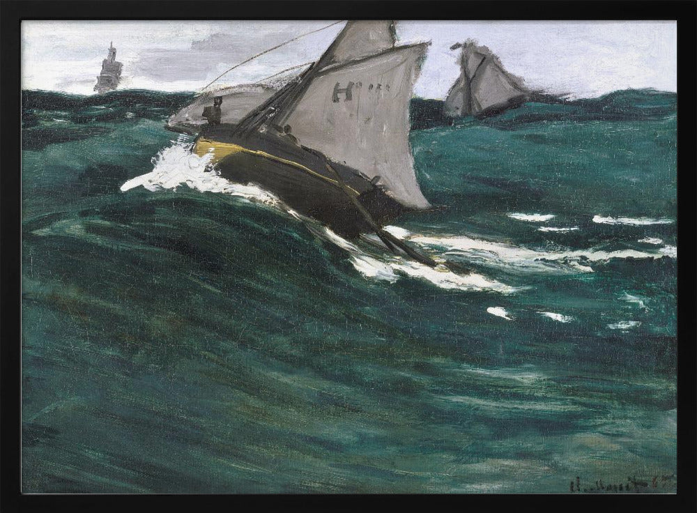 An impressionist painting depicting sailboats navigating a rough, dark green sea under a cloudy sky. The central boat is shown cutting through a large wave, creating white spray, giving the scene a dynamic and dramatic feel. The artwork is housed in a silver frame. Poster