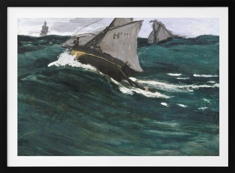 An impressionist painting depicting sailboats navigating a rough, dark green sea under a cloudy sky. The central boat is shown cutting through a large wave, creating white spray, giving the scene a dynamic and dramatic feel. The artwork is housed in a silver frame. Poster