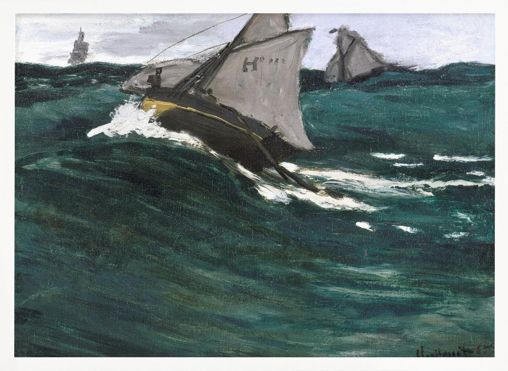 An impressionist painting depicting sailboats navigating a rough, dark green sea under a cloudy sky. The central boat is shown cutting through a large wave, creating white spray, giving the scene a dynamic and dramatic feel. The artwork is housed in a silver frame. Poster