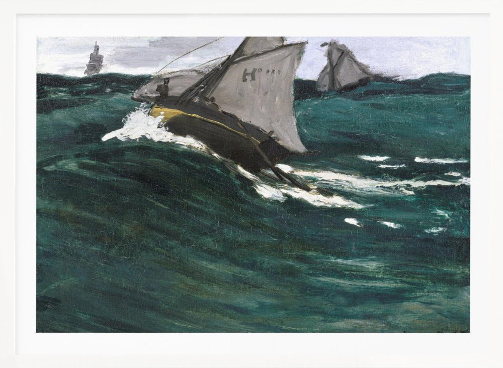 An impressionist painting depicting sailboats navigating a rough, dark green sea under a cloudy sky. The central boat is shown cutting through a large wave, creating white spray, giving the scene a dynamic and dramatic feel. The artwork is housed in a silver frame. Poster