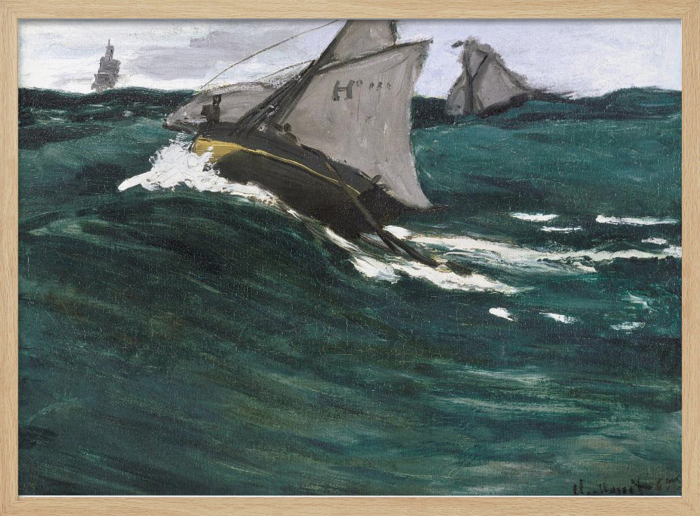 An impressionist painting depicting sailboats navigating a rough, dark green sea under a cloudy sky. The central boat is shown cutting through a large wave, creating white spray, giving the scene a dynamic and dramatic feel. The artwork is housed in a silver frame. Poster