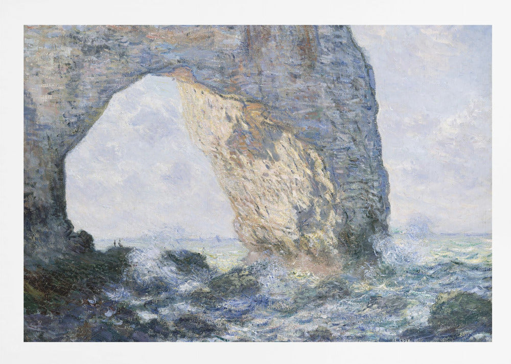An impressionist painting by Claude Monet of the Manneporte rock arch at Étretat, France. Sunlight illuminates the massive stone arch as turbulent blue and white waves crash against the rocky shoreline below. The artwork is displayed in a silver frame. Decor
