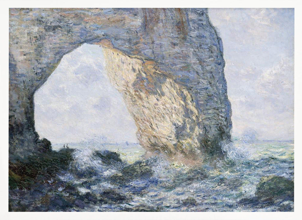 An impressionist painting by Claude Monet of the Manneporte rock arch at Étretat, France. Sunlight illuminates the massive stone arch as turbulent blue and white waves crash against the rocky shoreline below. The artwork is displayed in a silver frame. Decor