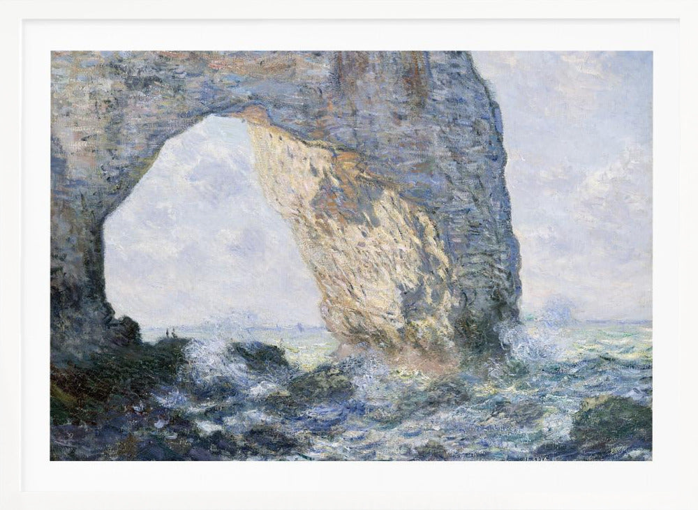 An impressionist painting by Claude Monet of the Manneporte rock arch at Étretat, France. Sunlight illuminates the massive stone arch as turbulent blue and white waves crash against the rocky shoreline below. The artwork is displayed in a silver frame. Decor