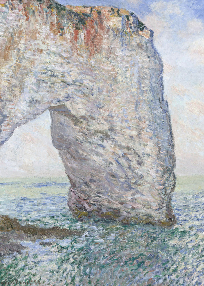An Impressionist painting depicting a massive white chalk cliff with a natural arch, standing in a turbulent sea of green and blue water. The visible, textured brushstrokes capture the play of light on the rock and water under a bright, cloudy sky. Decor