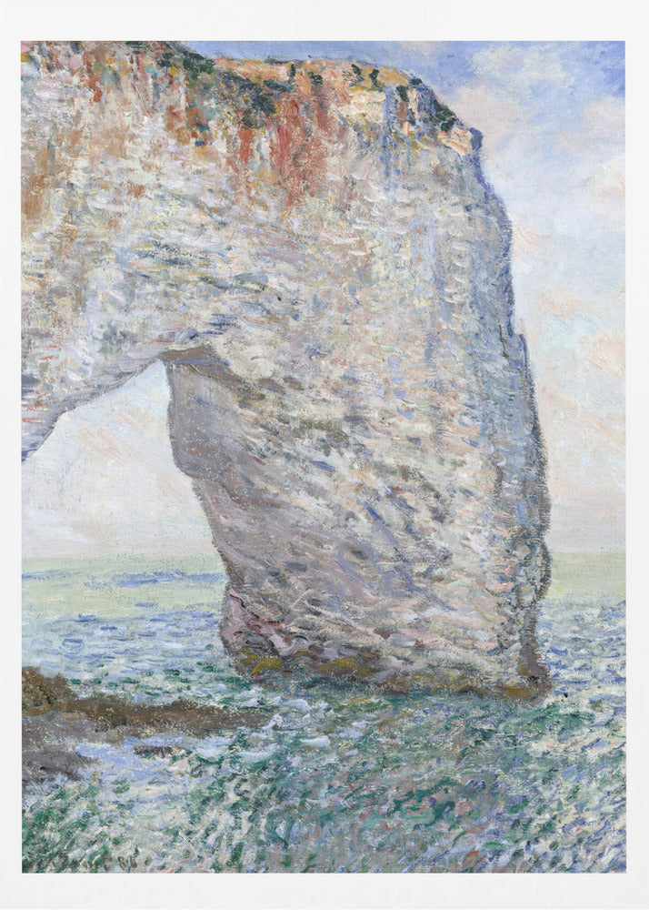An Impressionist painting depicting a massive white chalk cliff with a natural arch, standing in a turbulent sea of green and blue water. The visible, textured brushstrokes capture the play of light on the rock and water under a bright, cloudy sky. Decor