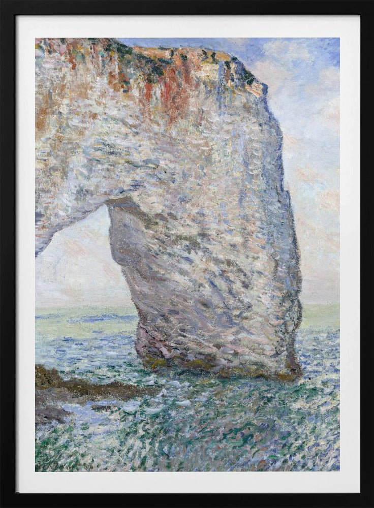 An Impressionist painting depicting a massive white chalk cliff with a natural arch, standing in a turbulent sea of green and blue water. The visible, textured brushstrokes capture the play of light on the rock and water under a bright, cloudy sky. Decor