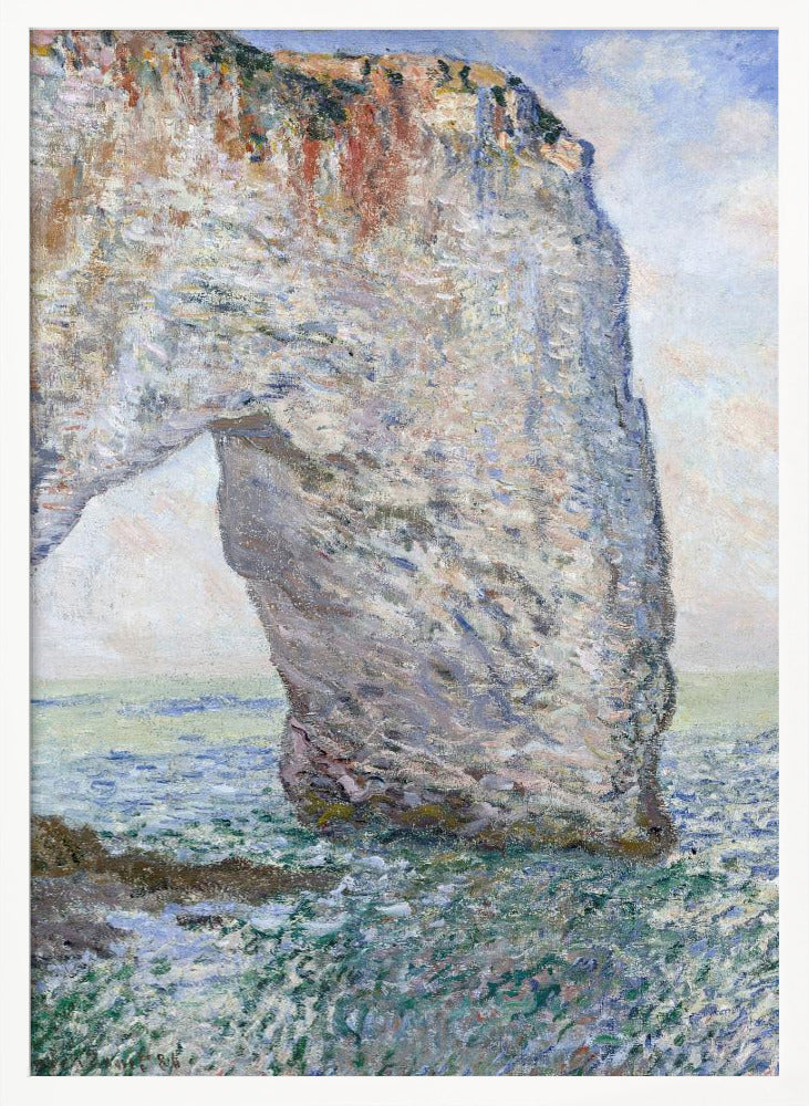 An Impressionist painting depicting a massive white chalk cliff with a natural arch, standing in a turbulent sea of green and blue water. The visible, textured brushstrokes capture the play of light on the rock and water under a bright, cloudy sky. Decor