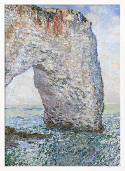 An Impressionist painting depicting a massive white chalk cliff with a natural arch, standing in a turbulent sea of green and blue water. The visible, textured brushstrokes capture the play of light on the rock and water under a bright, cloudy sky. Decor