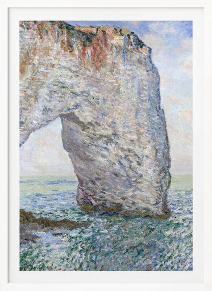 An Impressionist painting depicting a massive white chalk cliff with a natural arch, standing in a turbulent sea of green and blue water. The visible, textured brushstrokes capture the play of light on the rock and water under a bright, cloudy sky. Decor