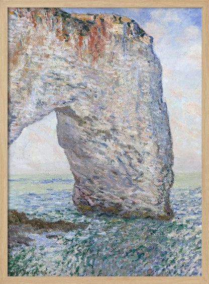 An Impressionist painting depicting a massive white chalk cliff with a natural arch, standing in a turbulent sea of green and blue water. The visible, textured brushstrokes capture the play of light on the rock and water under a bright, cloudy sky. Decor