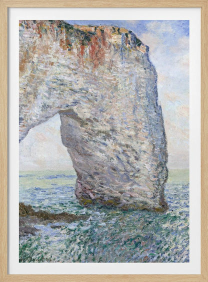 An Impressionist painting depicting a massive white chalk cliff with a natural arch, standing in a turbulent sea of green and blue water. The visible, textured brushstrokes capture the play of light on the rock and water under a bright, cloudy sky. Decor