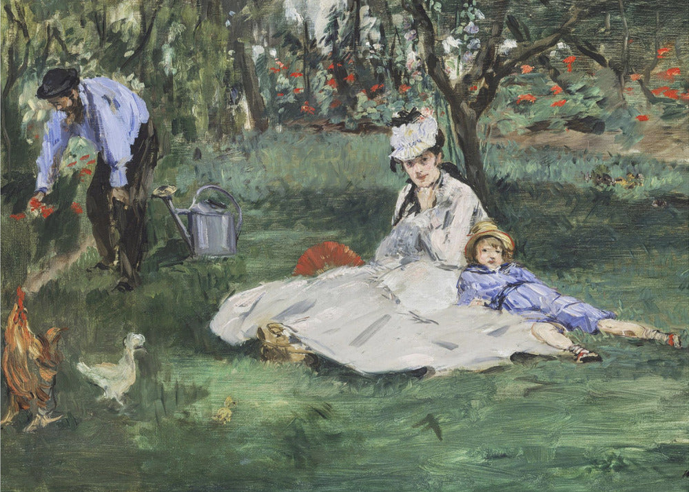 A framed impressionist painting by Édouard Manet, 'The Monet Family in Their Garden at Argenteuil', showing a woman and a child resting on a green lawn while a man tends to flowers in the background. Chickens roam in the foreground of the idyllic garden scene. Poster