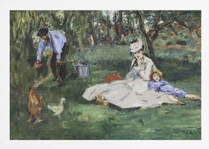 A framed impressionist painting by Édouard Manet, 'The Monet Family in Their Garden at Argenteuil', showing a woman and a child resting on a green lawn while a man tends to flowers in the background. Chickens roam in the foreground of the idyllic garden scene. Poster