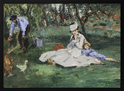 A framed impressionist painting by Édouard Manet, 'The Monet Family in Their Garden at Argenteuil', showing a woman and a child resting on a green lawn while a man tends to flowers in the background. Chickens roam in the foreground of the idyllic garden scene. Poster