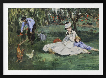 A framed impressionist painting by Édouard Manet, 'The Monet Family in Their Garden at Argenteuil', showing a woman and a child resting on a green lawn while a man tends to flowers in the background. Chickens roam in the foreground of the idyllic garden scene. Poster