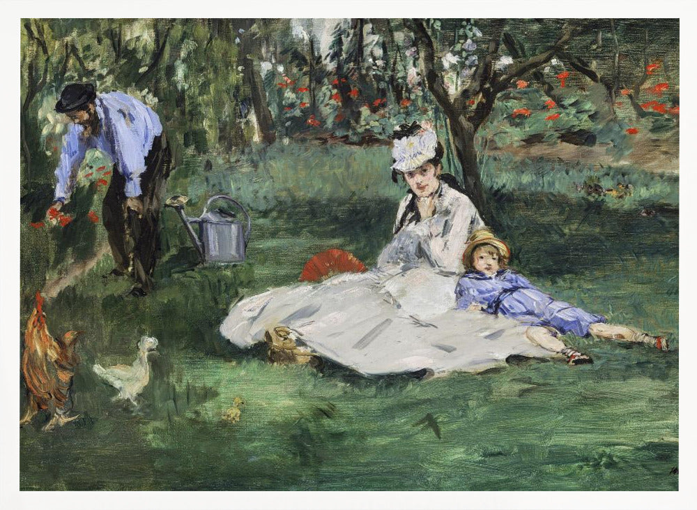 A framed impressionist painting by Édouard Manet, 'The Monet Family in Their Garden at Argenteuil', showing a woman and a child resting on a green lawn while a man tends to flowers in the background. Chickens roam in the foreground of the idyllic garden scene. Poster