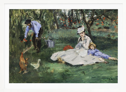 A framed impressionist painting by Édouard Manet, 'The Monet Family in Their Garden at Argenteuil', showing a woman and a child resting on a green lawn while a man tends to flowers in the background. Chickens roam in the foreground of the idyllic garden scene. Poster