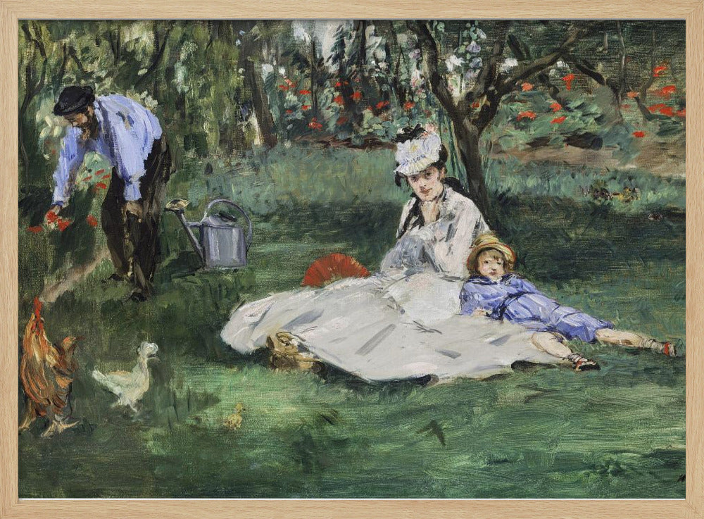 A framed impressionist painting by Édouard Manet, 'The Monet Family in Their Garden at Argenteuil', showing a woman and a child resting on a green lawn while a man tends to flowers in the background. Chickens roam in the foreground of the idyllic garden scene. Poster