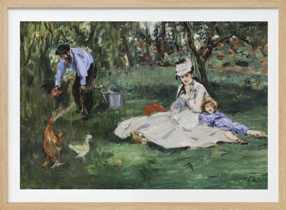 A framed impressionist painting by Édouard Manet, 'The Monet Family in Their Garden at Argenteuil', showing a woman and a child resting on a green lawn while a man tends to flowers in the background. Chickens roam in the foreground of the idyllic garden scene. Poster