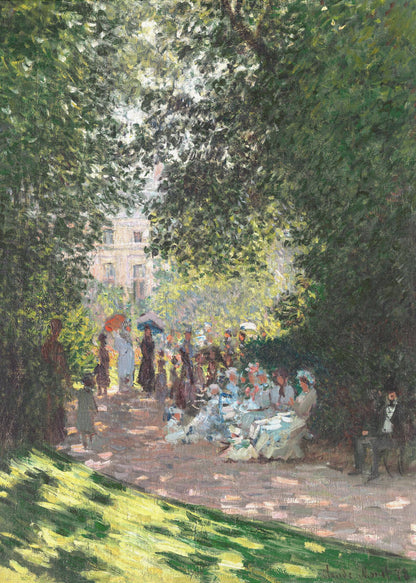 An Impressionist painting of a group of people having a luncheon in a park on a sunny day. Sunlight filters through the dense green leaves of overhead trees, creating a dappled light effect on the figures and the ground. In the background, more people stroll along a path, and a building is visible through the trees. Wall Art