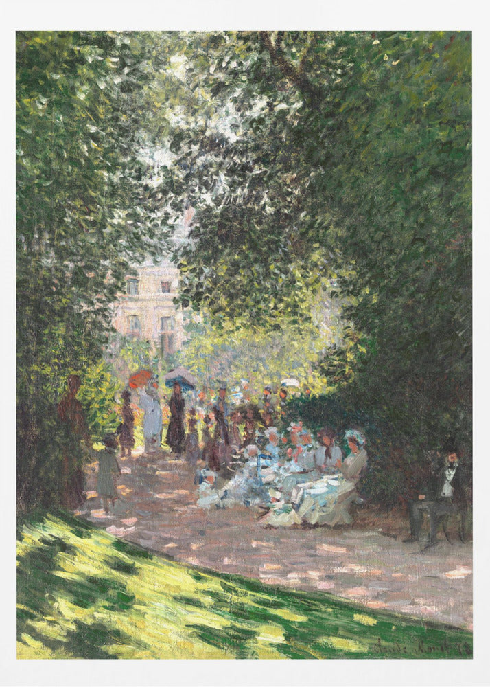 An Impressionist painting of a group of people having a luncheon in a park on a sunny day. Sunlight filters through the dense green leaves of overhead trees, creating a dappled light effect on the figures and the ground. In the background, more people stroll along a path, and a building is visible through the trees. Wall Art
